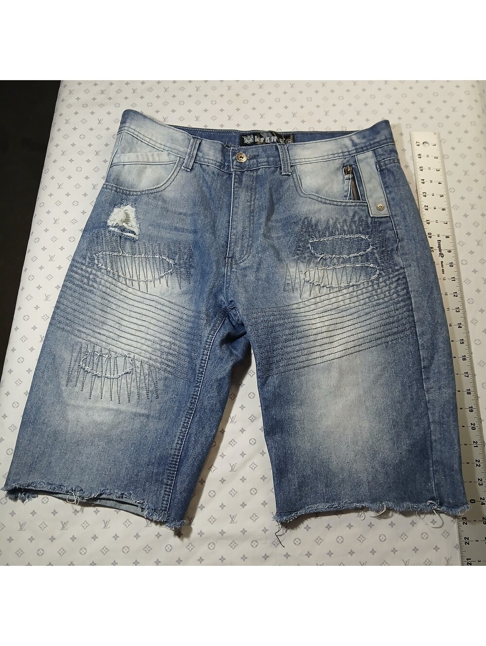 Krome Y2K Denim Shorts Blue Distressed Cutoff Biker Moto Style Size 38